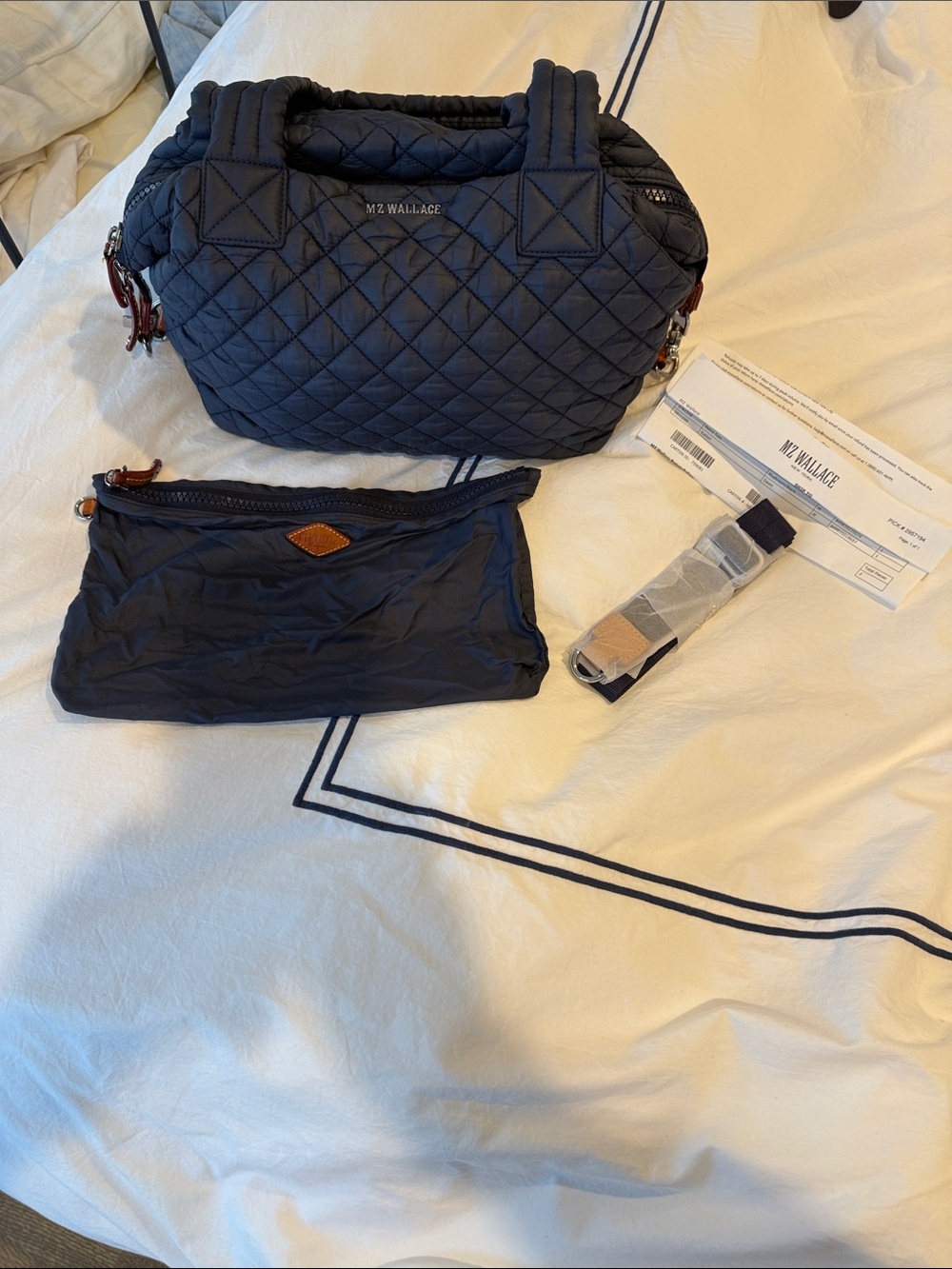 MZ Wallace Sutton Medium Navy Quilted Satchel with Leather Accents
